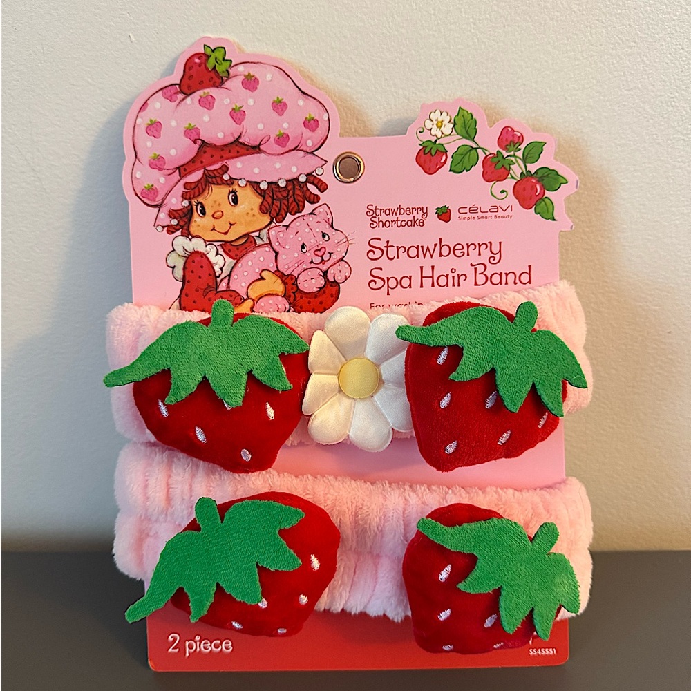 Strawberry Shortcake Set of 2 Fluffy Pink Red Spa Headbands Hair Accessories NWT